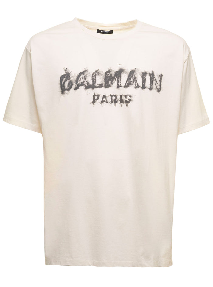 White Oversize T-Shirt With Charcoal Logo Cotton Man Balmain Beige Tshirts And Polo Shirts