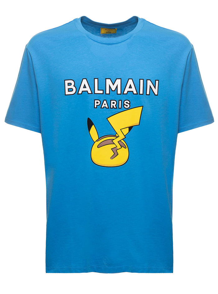 Light Blue Pokémon T-Shirt Cotton Jersey With Fronty Print Balmain Man Blu Tshirts And Polo Shirts