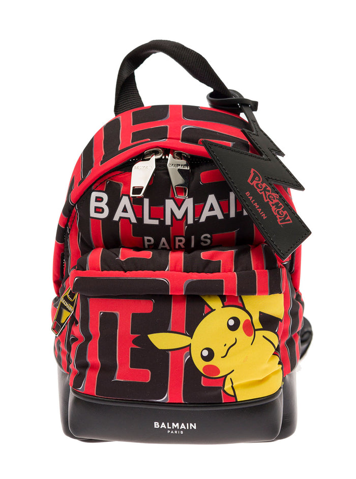 Red Pokémon Back Pack Tech Canvas With Printed Pikachu, Pattern And Logo Balmain Man Polyester Backpacks Belt Bags