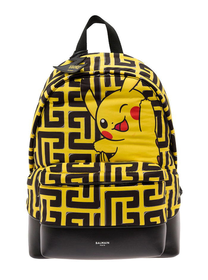 Yellow Pokémon Back Pack Tech Canvas With Printed Pikachu, Pattern And Logo Balmain Man Polyester Backpacks Belt Bags