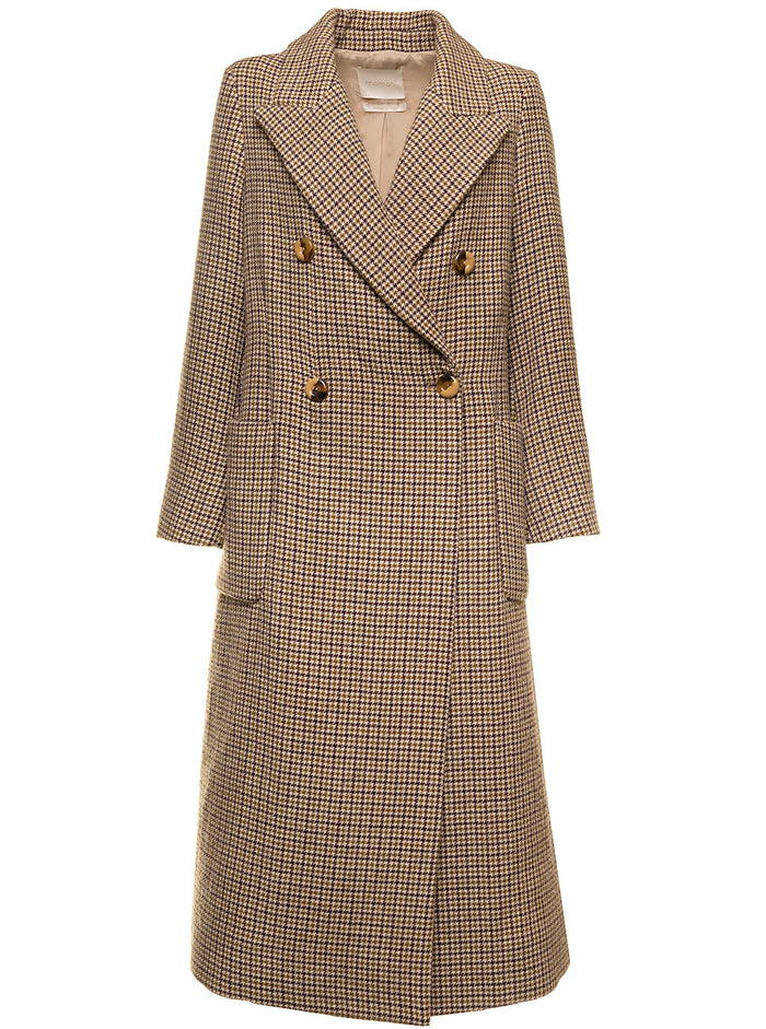 Double-Breasted Brown Coat With Pied-Du-Poule Motif Woman Momonì Beige Cupro