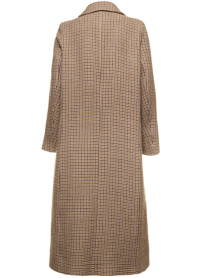 Double-Breasted Brown Coat With Pied-Du-Poule Motif Woman Momonì Beige Cupro