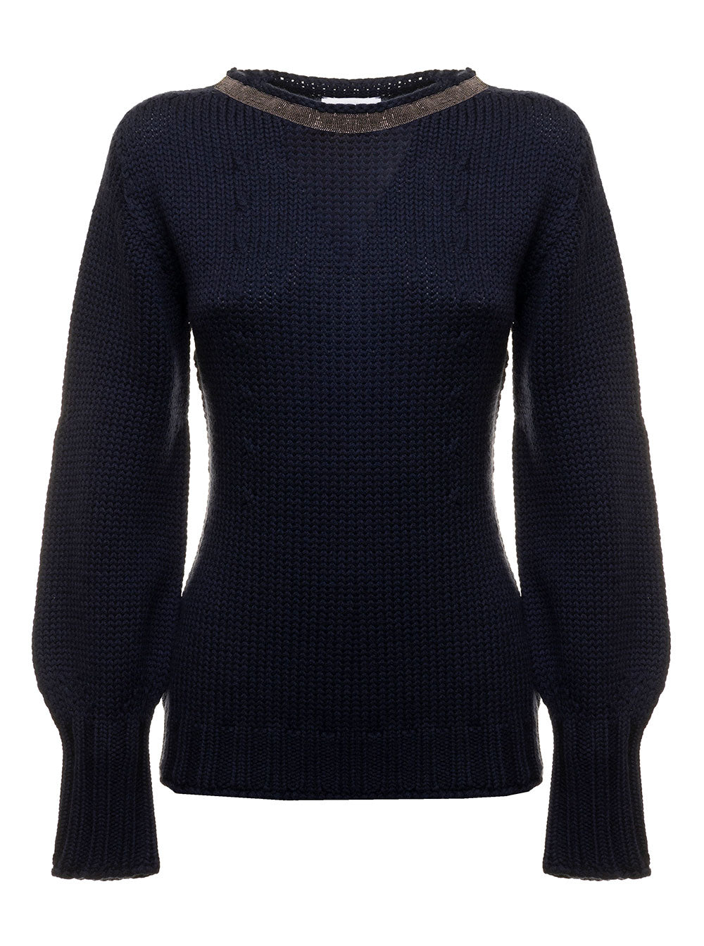 Merino Wool Crew Neck Sweater With Brilliant Collar Detail Blu Jersey