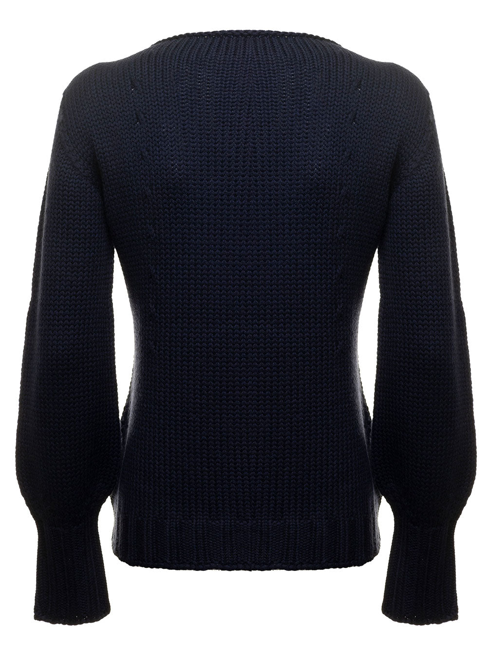 Merino Wool Crew Neck Sweater With Brilliant Collar Detail Blu Jersey