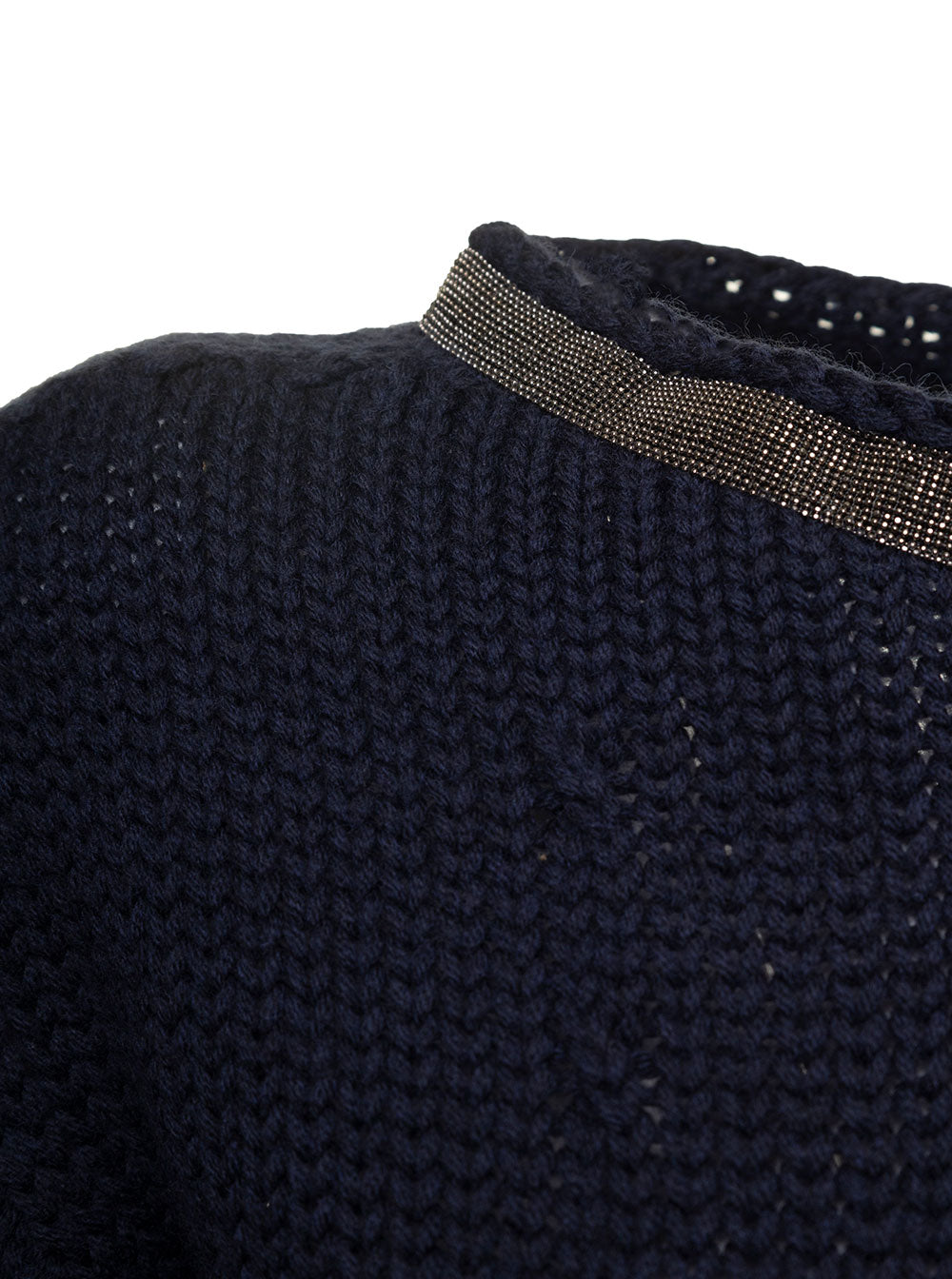 Merino Wool Crew Neck Sweater With Brilliant Collar Detail Blu Jersey
