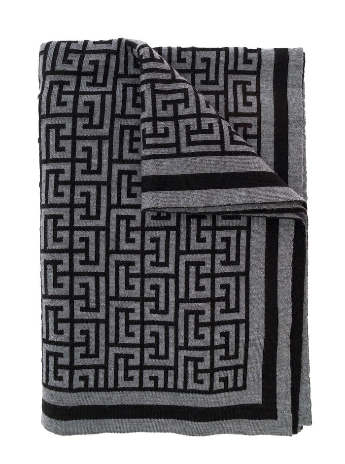 Grey Monogram Knit Scarf Man Balmain Merinos Wool Scarfs And Foulards