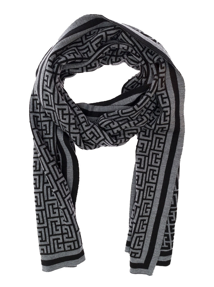Grey Monogram Knit Scarf Man Balmain Merinos Wool Scarfs And Foulards