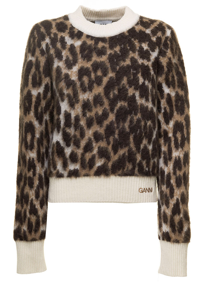 Leopard Jacquard O-Neck Brown Jersey