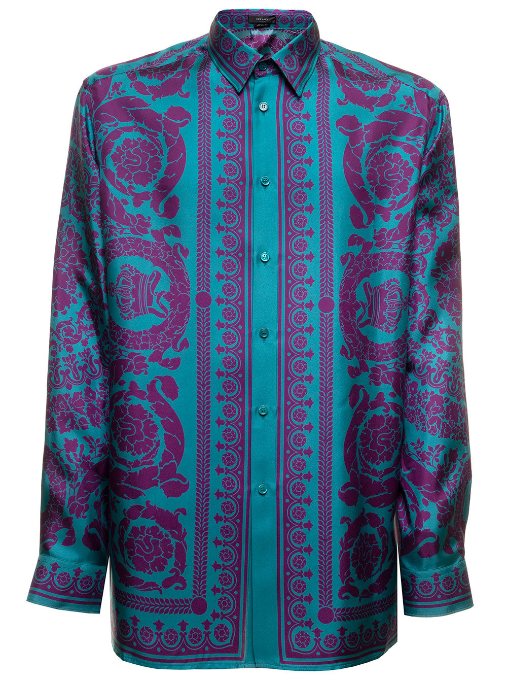 Purple And Light Blue Shirt Silk Twill With Barocco Pattern Versace Man Violet Blouses