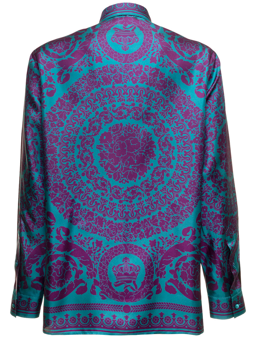 Purple And Light Blue Shirt Silk Twill With Barocco Pattern Versace Man Violet Blouses