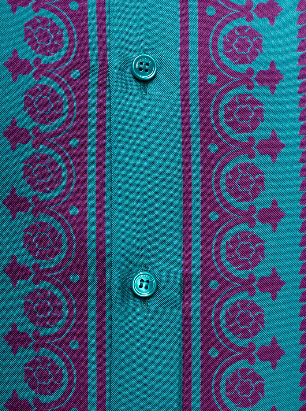 Purple And Light Blue Shirt Silk Twill With Barocco Pattern Versace Man Violet Blouses