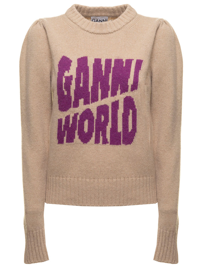 Graphic Puff Shoulder Pullover Beige Wool Rec Polyamide Jersey