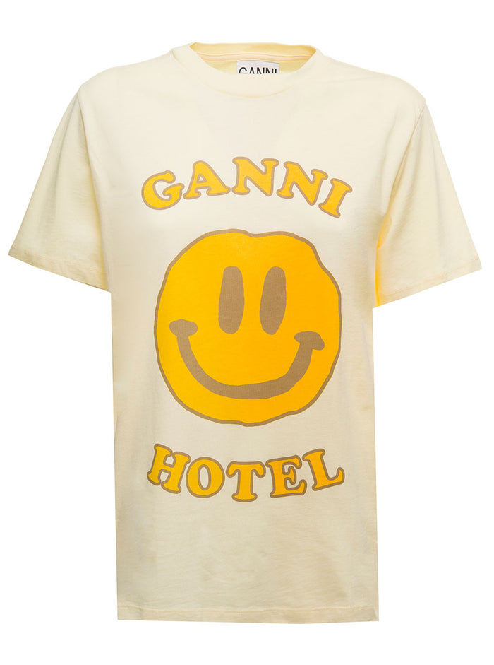 Pale Yellow T-Shirt With Contrasting Print To The Front Ganni Woman Beige Cotton Tshirts And Polo Shirts