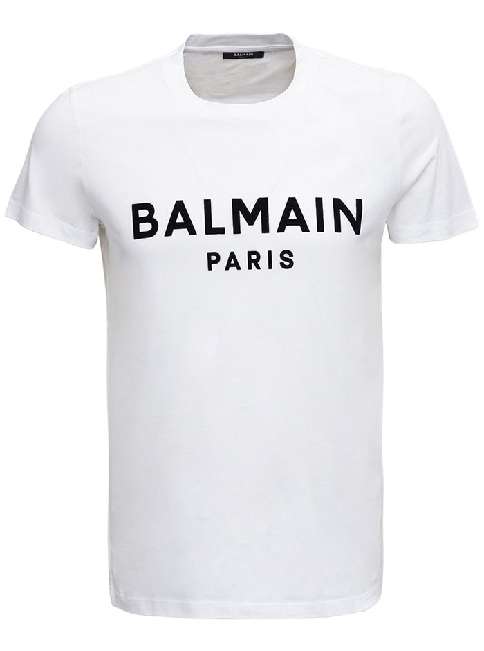 White Jersey T-Shirt With Contrasting Logo Print To The Front Balmain Man Cotton Tshirts And Polo Shirts