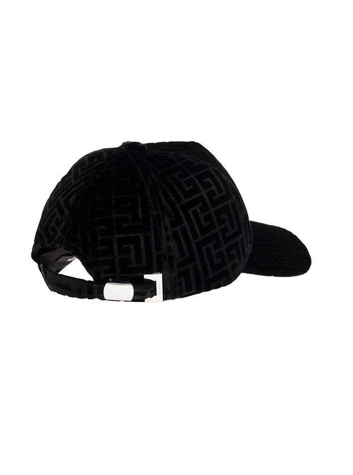Balmain Mans Black Velvet Monogram Jacquard Hat Cotton Modal And Gloves