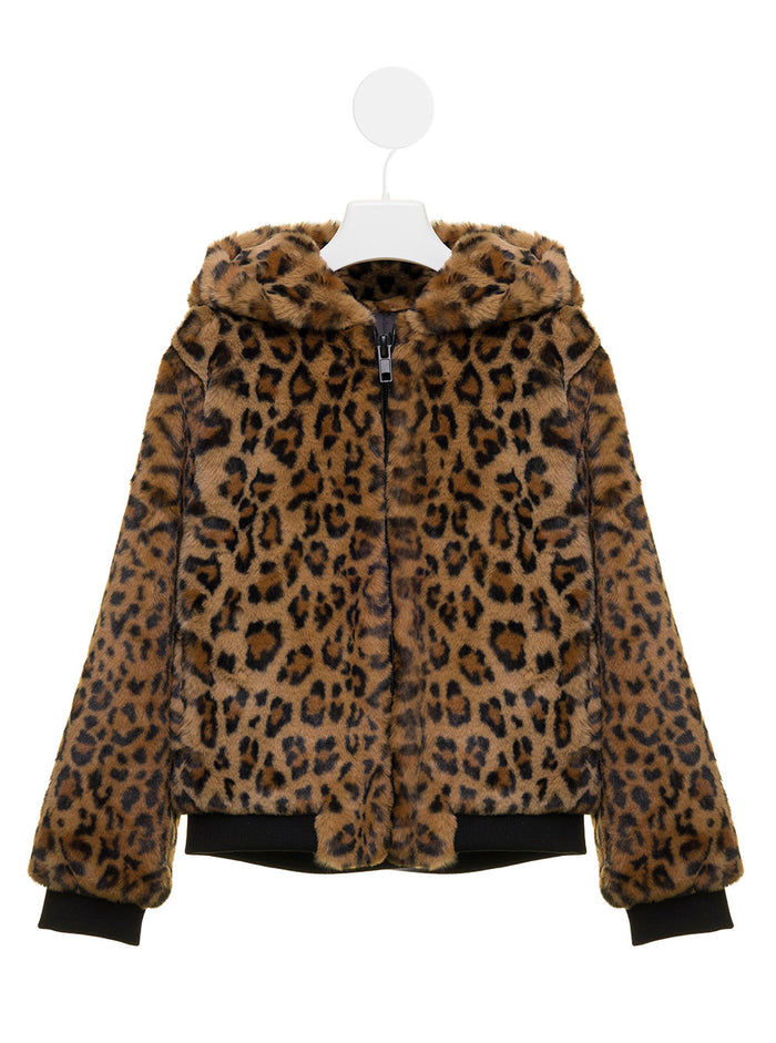 Animalier Faux Fur Hoodie Girl Apparis Kids Brown Polyester Shearling Jackets And Furs