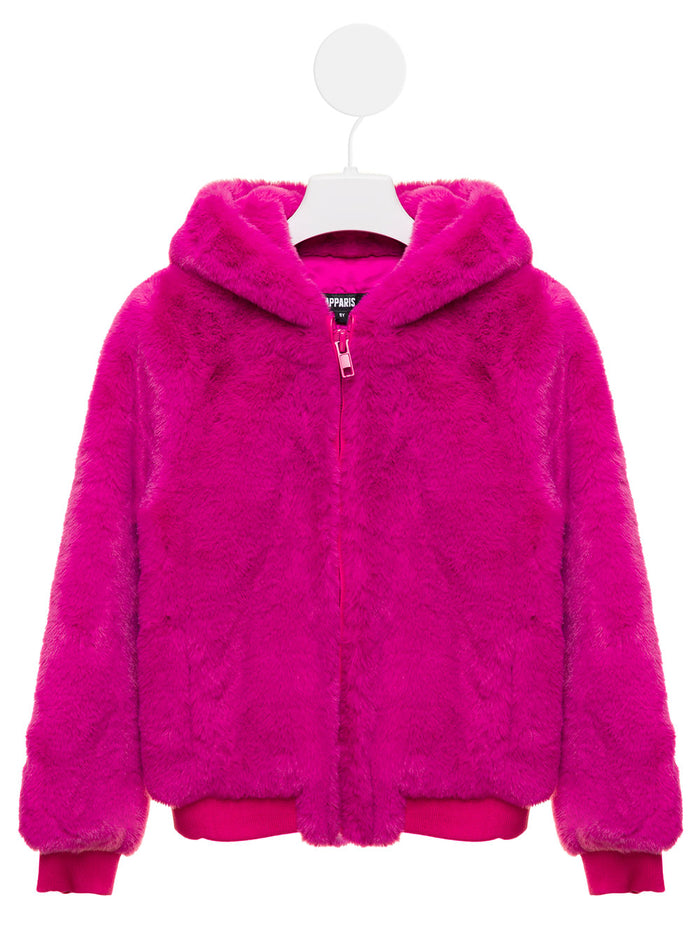 Fuxia Faux Fur Hoodie Girl Apparis Kids Polyester Shearling Jackets And Furs