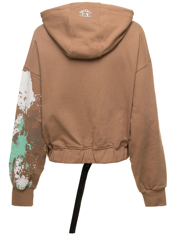 Cropped Printed Dark Beige Sweatshirt Woman Barrow Cotton Sweatshirts