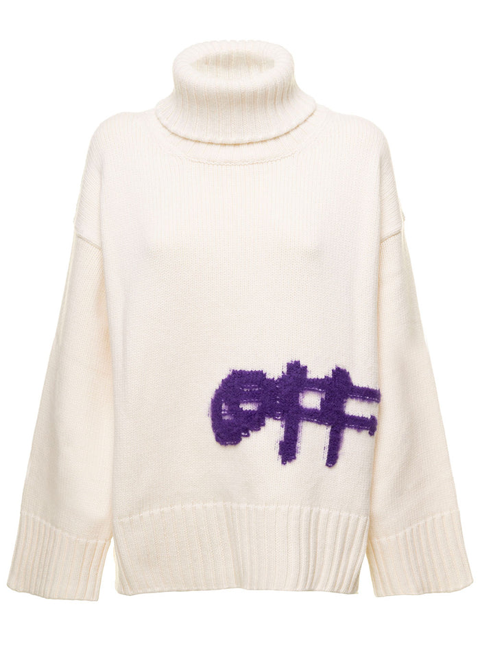 Logo Intarsia High Neck K Pull White Wool Nylon Jersey