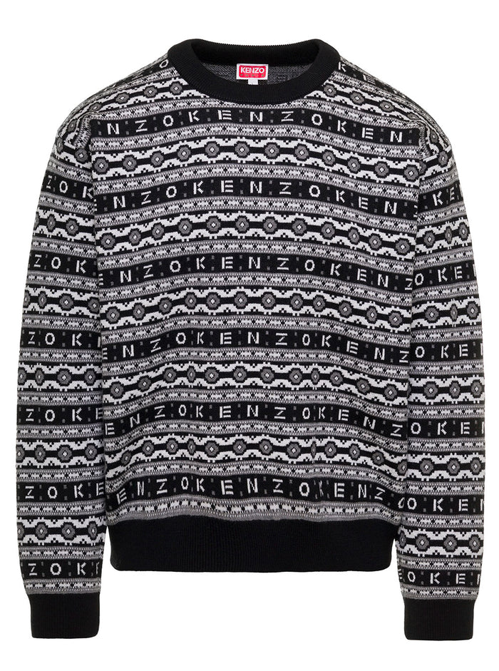 Black And Grey All-Over Logo-Jacquard Jumper Wool Man Kenzo Jersey