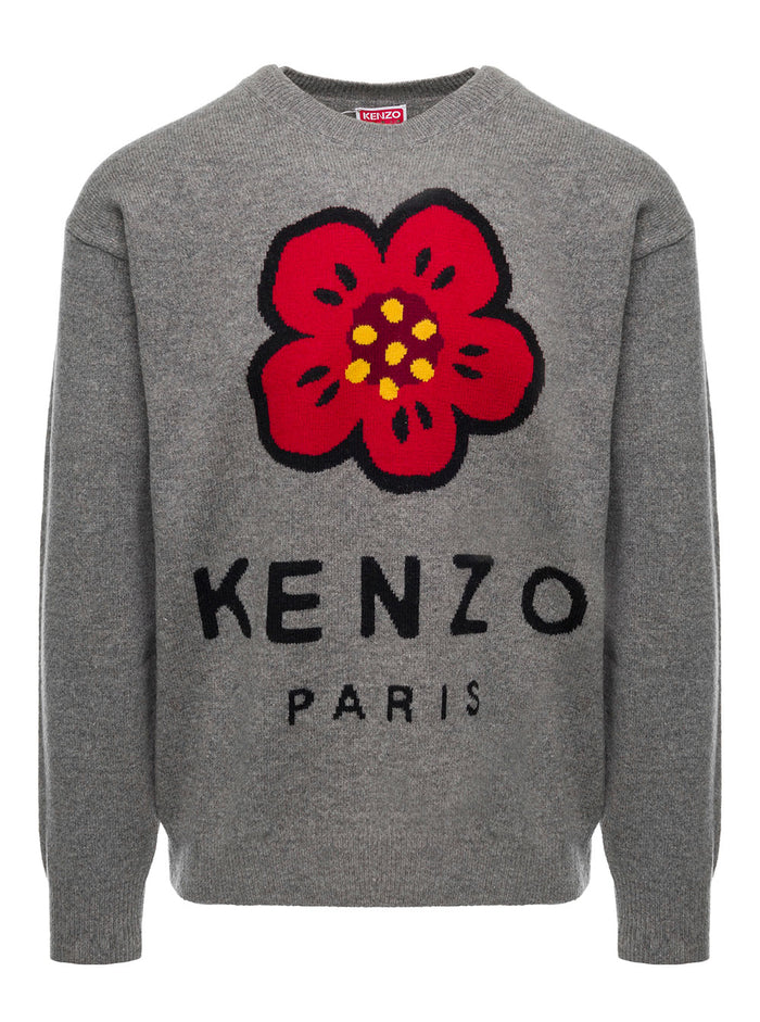 Boke Flower Grey Intarsia Knit Jumper Wool Man Kenzo Sweatshirts