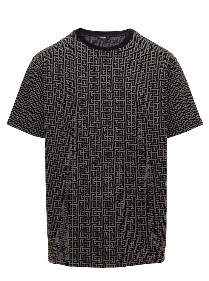 Black All-Over Mini Monogram Print T-Shirt Cotton Man Balmain Grey Élasthanne Tshirts And Polo Shirts