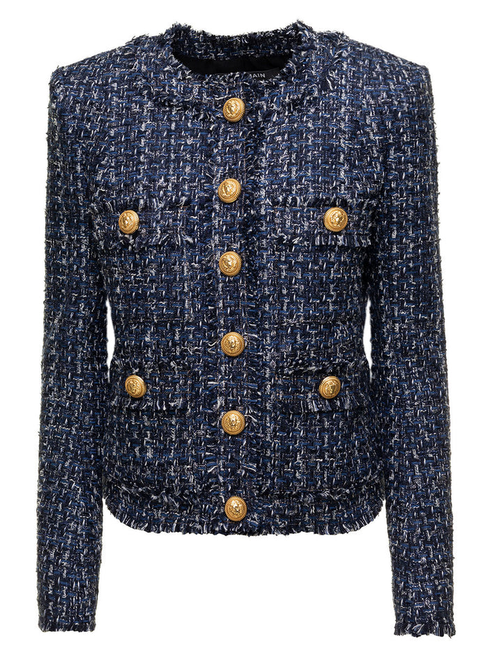 Collarless 4 Pockets Denim Tweed Jacket Blu Blazers