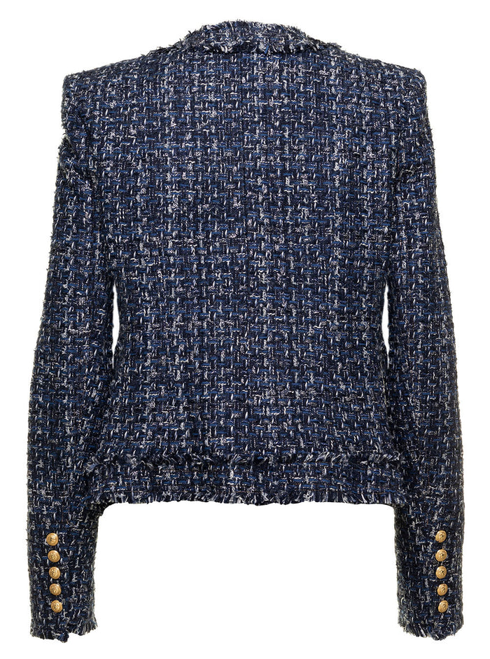Collarless 4 Pockets Denim Tweed Jacket Blu Blazers