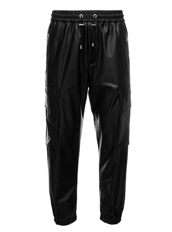 Black Cargo Pants With Pockets Faux Leather Man Balmain Polyuréthane Polyester Trousers