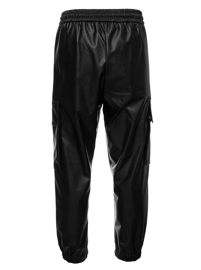 Black Cargo Pants With Pockets Faux Leather Man Balmain Polyuréthane Polyester Trousers