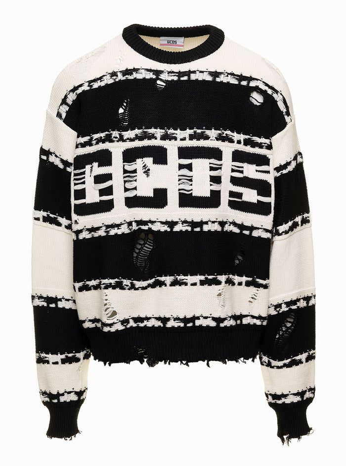 Black And White Two-Tone Jumper With Distressed Effect Man Gcds Wv Pc Jersey