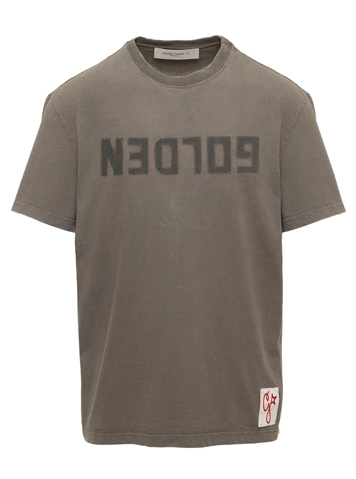 Anthracite Grey Distressed T-Shirt With Logo Man Golden Goose Green Cotton Tshirts And Polo Shirts