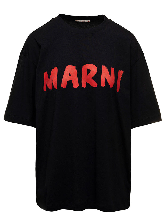 Black Printed Logo T-Shirt Cotton Woman Marni Knit Tshirts And Polo Shirts