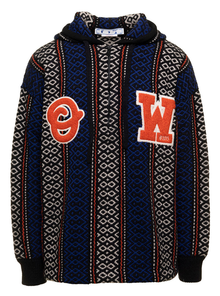 Ow Baja Multicolor Knit With Hood Wool Man Off-White Brown Alpaca Acrylic Jersey