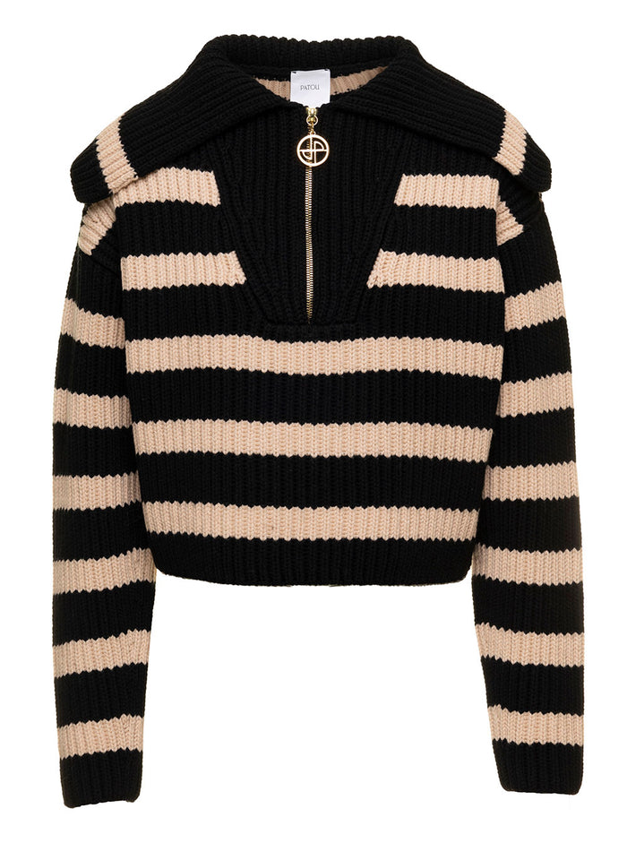 Beige And Black Knit Striped Sailor Collar Jumper Woman Patou Brown Merino Wool Jersey