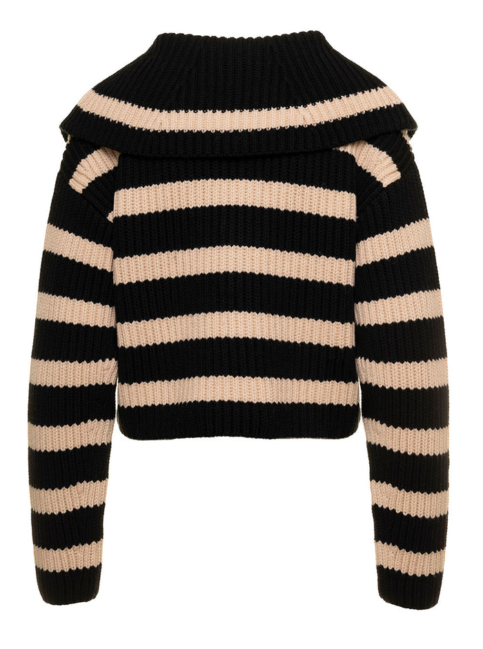 Beige And Black Knit Striped Sailor Collar Jumper Woman Patou Brown Merino Wool Jersey