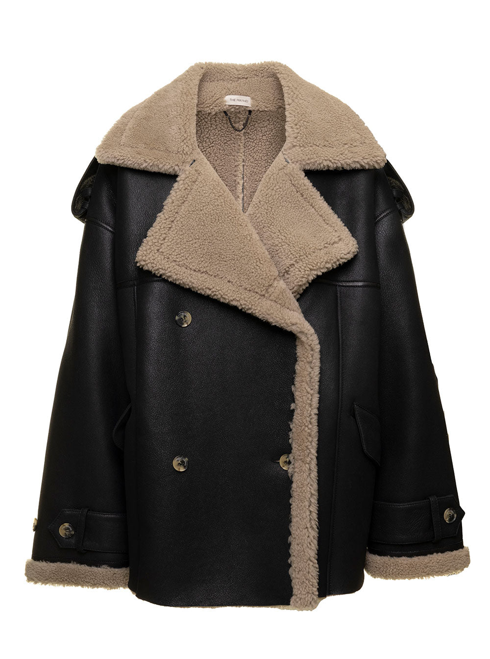 Jordan Black And Beige Double-Breasted Coat Shearling Woman The Mannei Jackets Furs
