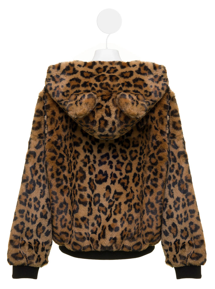 Animalier Faux Fur Hoodie Teen Girl Apparis Kids Brown Polyester Shearling Jackets And Furs
