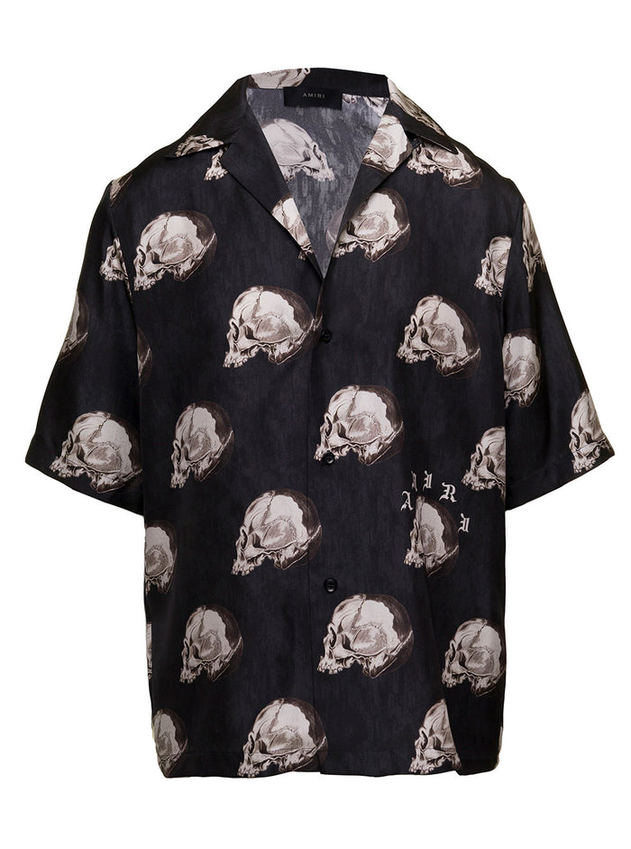 All Over Skull Bowling Shirt Black Silk And Blouses