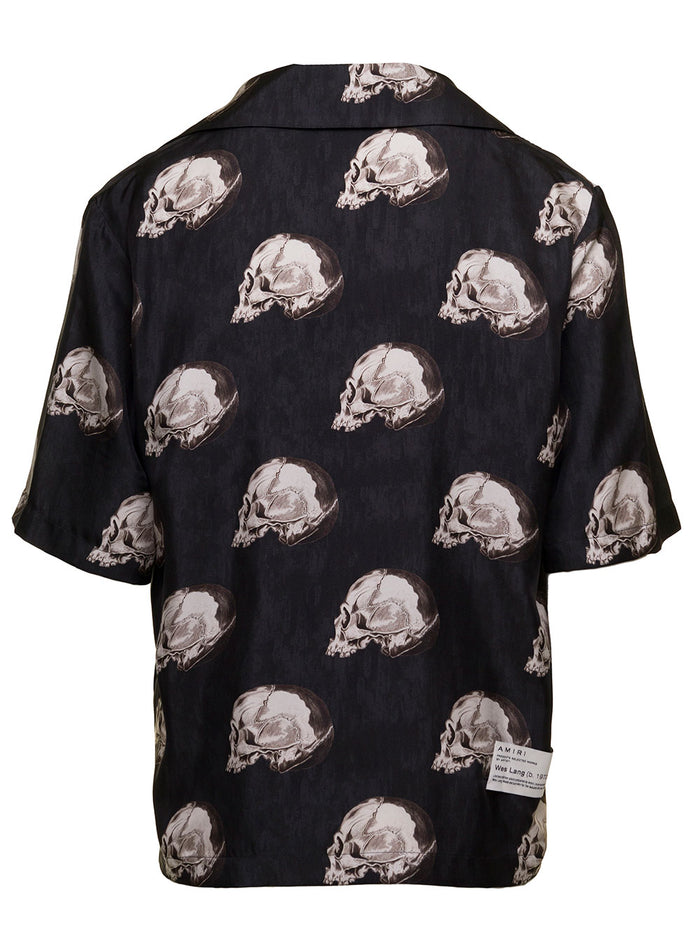 All Over Skull Bowling Shirt Black Silk And Blouses