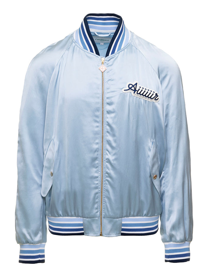 Aiiiiiir Souvenir Light Blue Satin Bomber Jacket With Logo Patch Man Casablanca Blu Viscose