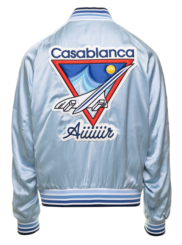 Aiiiiiir Souvenir Light Blue Satin Bomber Jacket With Logo Patch Man Casablanca Blu Viscose