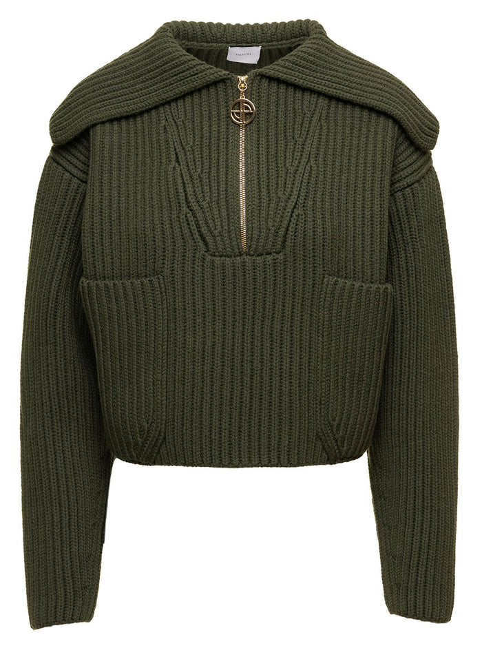 Dark Green Zip Up Sailor Collar Jumper Woman Patou Merino Wool Jersey