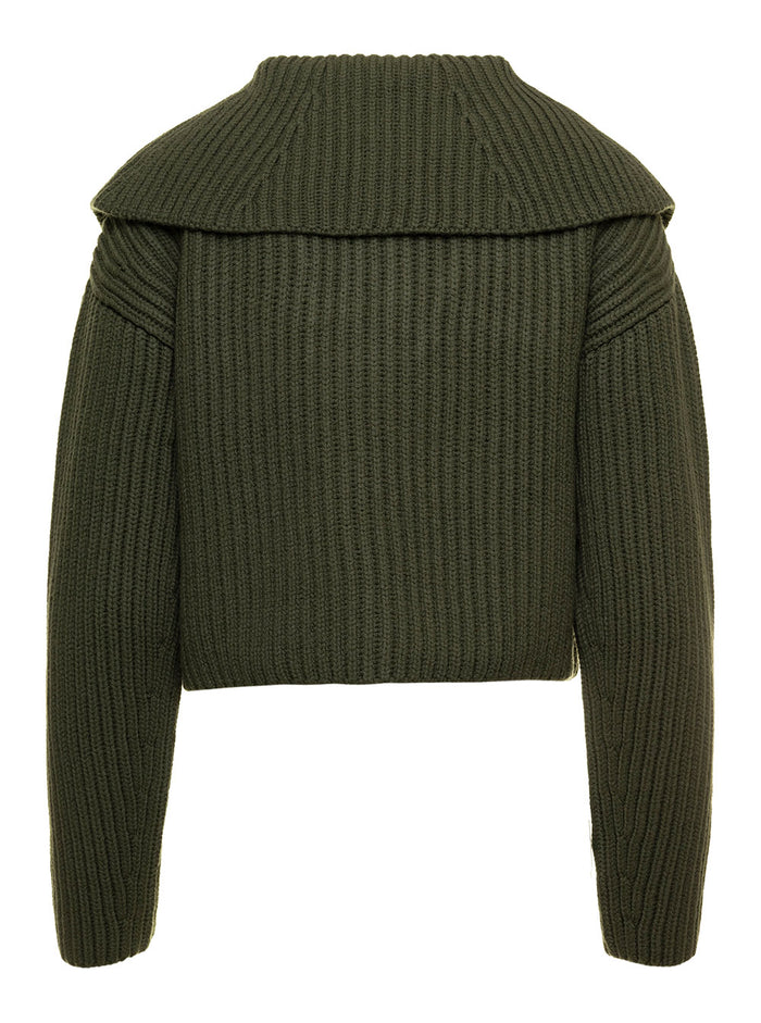 Dark Green Zip Up Sailor Collar Jumper Woman Patou Merino Wool Jersey