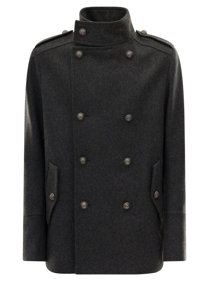 Officer Grey Peacoat Wool Man Balmain Polyamide Outerwear