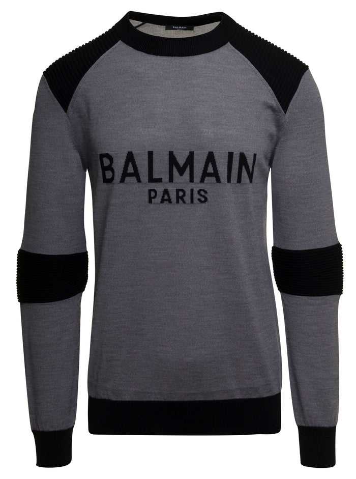 Shoulder Ribbed Balmain Crewneck Grey Wool Jersey