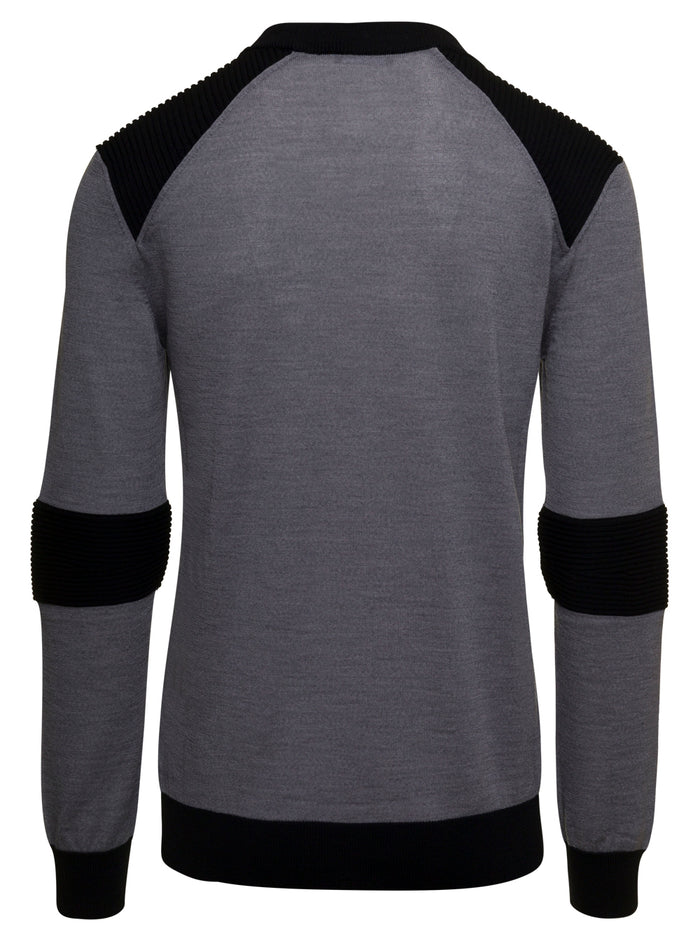 Shoulder Ribbed Balmain Crewneck Grey Wool Jersey