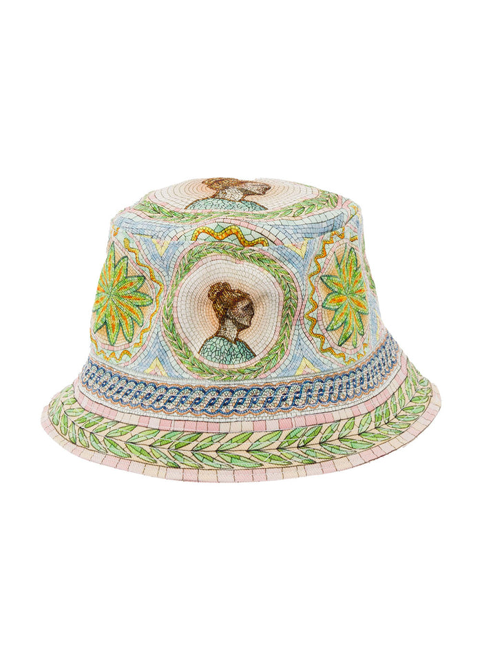 Printed Denim Bucket Hat Mosaics Greques White Cotton And Gloves