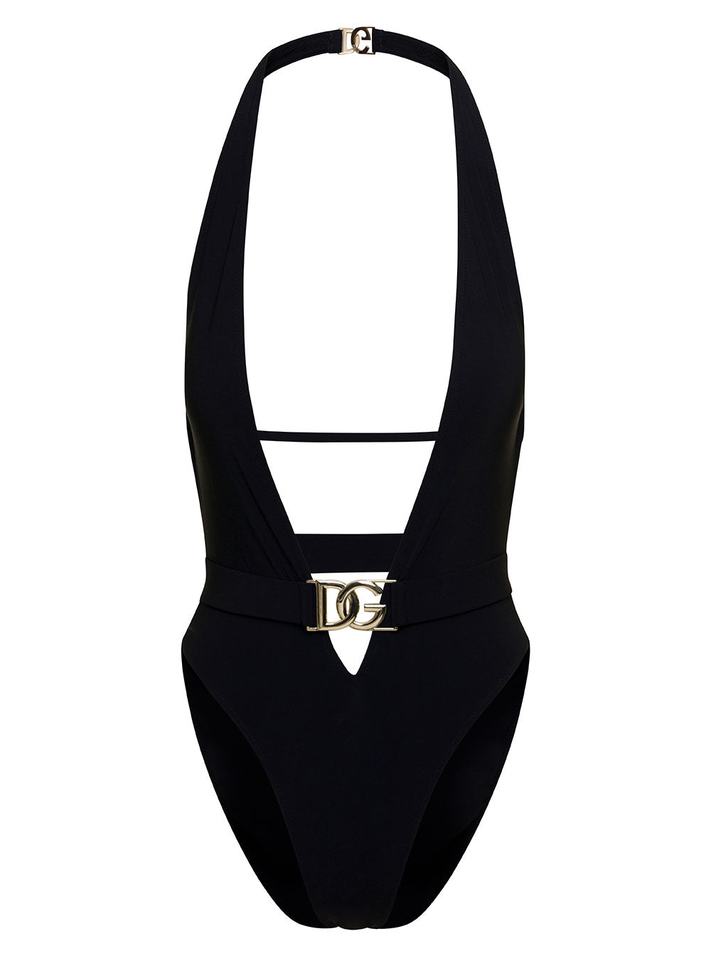Black One-Piece Swimsuit With Plunging V Neck Belt Lycra Woman Dolce & Gabbana Elastan Polyamide Beachwear