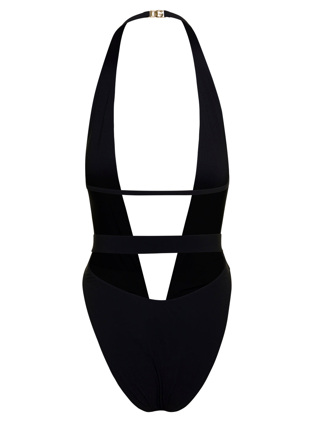 Black One-Piece Swimsuit With Plunging V Neck Belt Lycra Woman Dolce & Gabbana Elastan Polyamide Beachwear